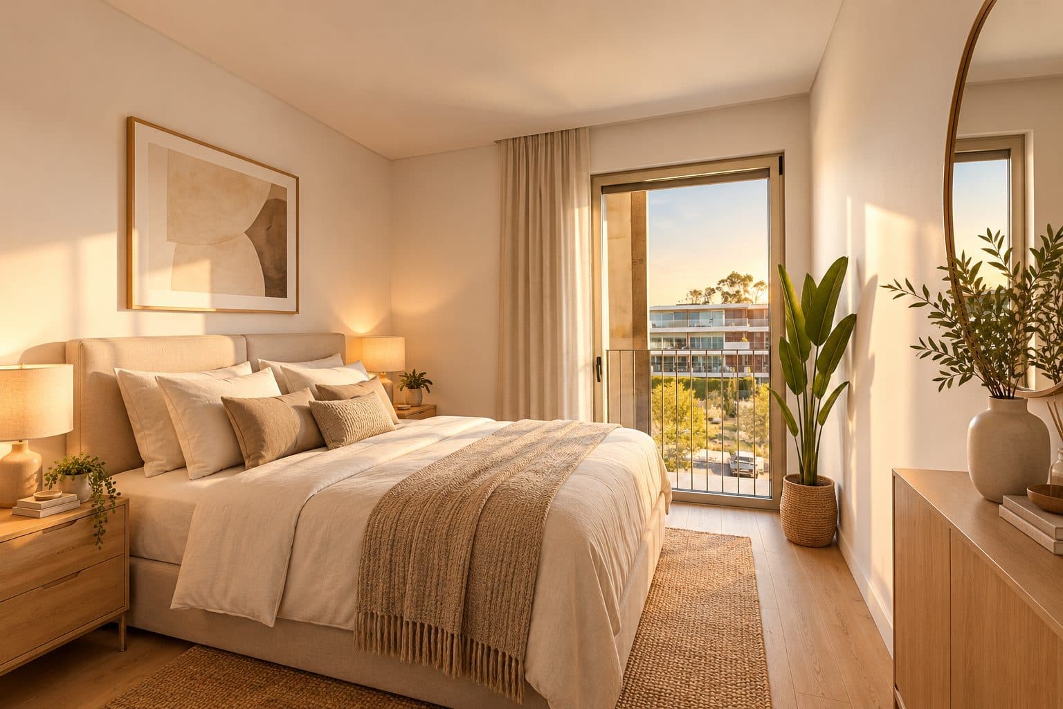 Quarto com decoração virtual e janela para o jardim