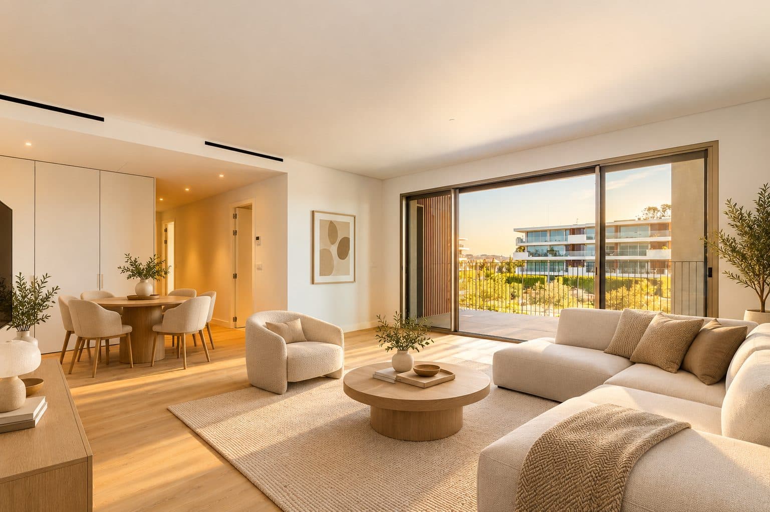 Sala com decoração virtual, aberta para a varanda